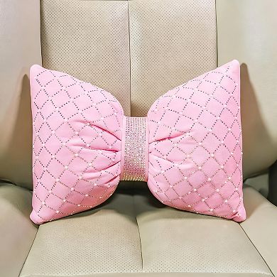 Pink Bow Support Pillow Rhinestone Crystal Pearl Car Removable Washable PP Cotton Decorative