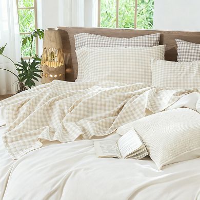 Gingham Sheet Set Washed Cotton Linen Texture Deep Pocket 4Pcs