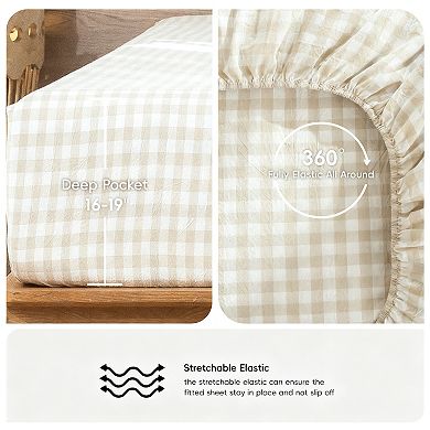 Gingham Sheet Set Washed Cotton Linen Texture Deep Pocket 4Pcs