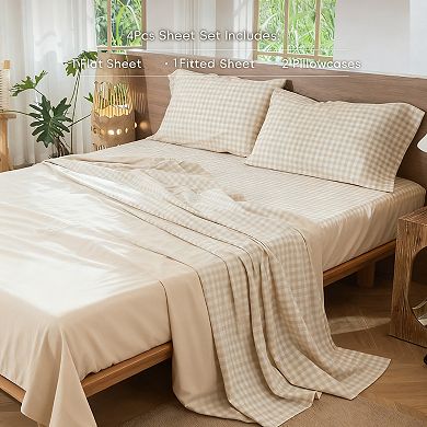 Gingham Sheet Set Washed Cotton Linen Texture Deep Pocket 4Pcs