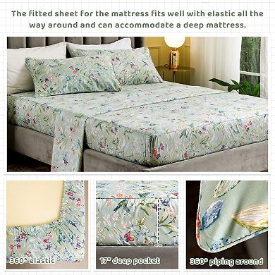 Cotton Sheets Floral Bird Butterfly 4PC Deep Pocket Soft Bedding Set