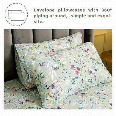 Cotton Sheets Floral Bird Butterfly 4PC Deep Pocket Soft Bedding Set