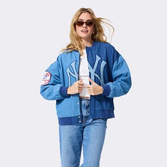 Women's Terez Blue New York Yankees Denim Blocked Bomber Jacket