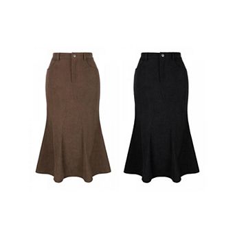 2 Packs Women's Corduroy Skirts High Waist Button Front Fishtail Skirt Midi Skirts with Pockets