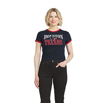 Women's WEAR by Erin Andrews Navy Houston Texans Cropped Throwback Ringer Baby T-Shirt