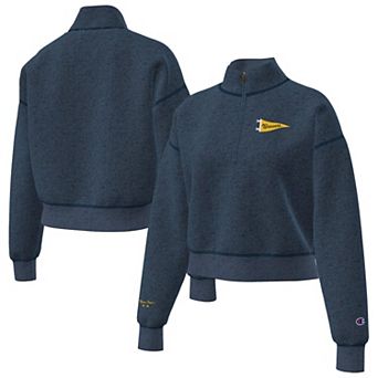Women's Champion Navy Milwaukee Brewers Triumph Tri-Blend Fleece Cropped Quarter-Zip Pullover