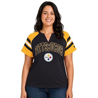 Women's Starter Black Pittsburgh Steelers Plus Size Game On Notch Neck Raglan T-Shirt