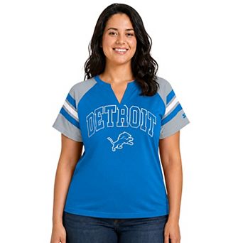 Women's Starter Blue Detroit Lions Plus Size Game On Notch Neck Raglan T-Shirt