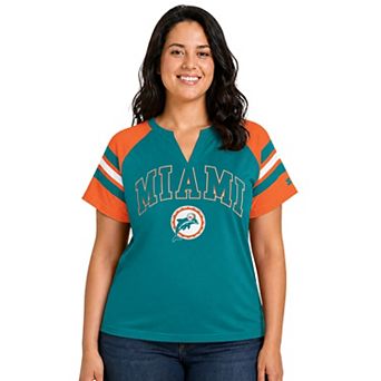Women's Starter Aqua Miami Dolphins Plus Size Throwback Game On Notch Neck Raglan T-Shirt