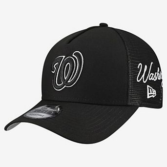 Men's New Era Black Washington Nationals Side Script 9FORTY A-Frame Trucker Adjustable Hat