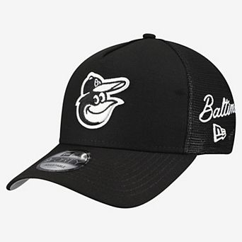 Men's New Era Black Baltimore Orioles Side Script 9FORTY A-Frame Trucker Adjustable Hat
