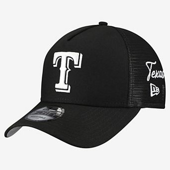 Men's New Era Black Texas Rangers Side Script 9FORTY A-Frame Trucker Adjustable Hat