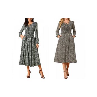 2 Packs Women's Leopard Print Dress Long Sleeve Tie V Neck Flowy Party Cheetah Dresses with Pockets