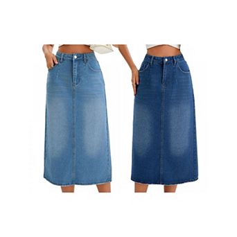 2 Packs Women's Denim Skirt Stretch High Waisted Split Back Pockets Casual Pencil Midi Jean Skirts