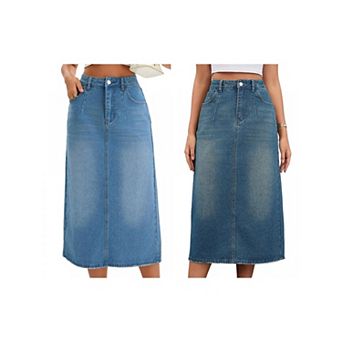2 Packs Women's Denim Skirt Stretch High Waisted Split Back Pockets Casual Pencil Midi Jean Skirts