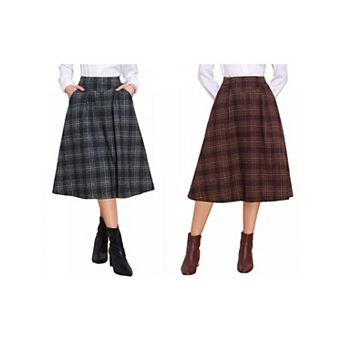 2 Packs Plaid Skirts for Women's Vintage High Waist Midi A-Line Pleated Skirt with Pockets