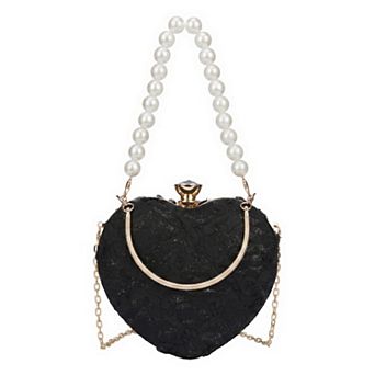 Mini Heart Crossbody Bags for Women with Gold Chain and Floral Lace Pearl Design