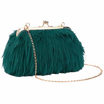 Clutch Purse for Women Fluffy Feather Crossbody Pearl Handbag with Chain 7.9"x3.2"x5.9"