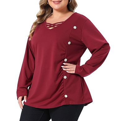 Women's Plus Size Crisscross Front V Neck Long Sleeve Tunic Top Side Button Ruched Blouse
