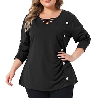 Women's Plus Size Crisscross Front V Neck Long Sleeve Tunic Top Side Button Ruched Blouse