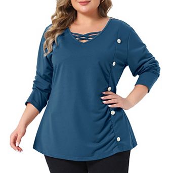 Women's Plus Size Crisscross Front V Neck Long Sleeve Tunic Top Side Button Ruched Blouse
