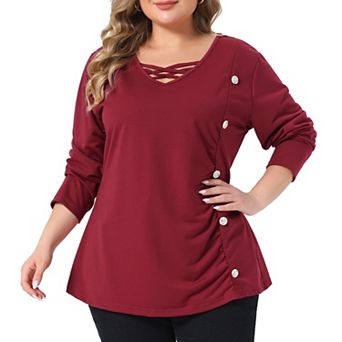 Women's Plus Size Crisscross Front V Neck Long Sleeve Tunic Top Side Button Ruched Blouse