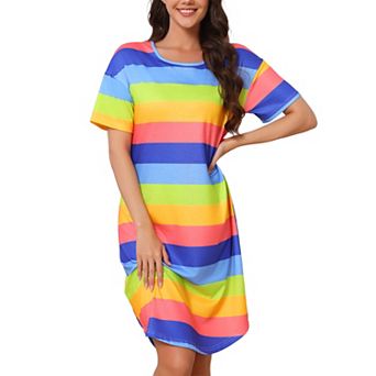 Women's Nightgowns Soft Color Striped Short Sleeve Sleepshirts Crew Neck Sleepdress Comfy Pajama