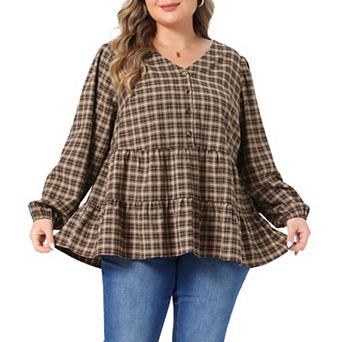 Women's Plus Size Babydoll Top Gingham Long Sleeve V Neck Buttons Shirt Dressy Casual Peplum Blouses