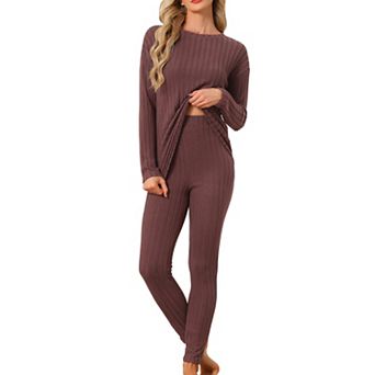 Women's Pajama Set Ribbed Knit Long Sleeve Top Pant Loungewear 2 pc Matching Outfits Sleepwear