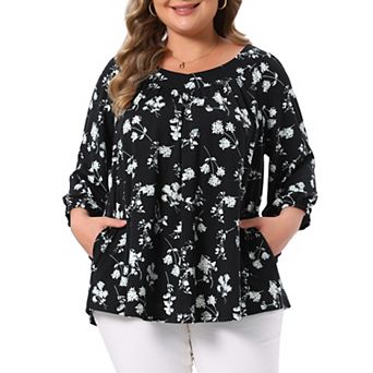 Women's Plus Size 3/4 Sleeve Pleated Floral Print Tunic Blouse with Pockets