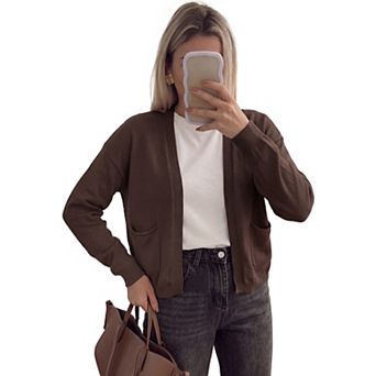 Women's Open Front Knit Cardigan Long Sleeve Drop Shoulder Lightweight Sweaters with Pockets