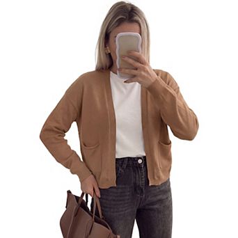 Women's Open Front Knit Cardigan Long Sleeve Drop Shoulder Lightweight Sweaters with Pockets