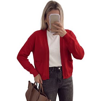 Women's Open Front Knit Cardigan Long Sleeve Drop Shoulder Lightweight Sweaters with Pockets