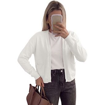 Women's Open Front Knit Cardigan Long Sleeve Drop Shoulder Lightweight Sweaters with Pockets