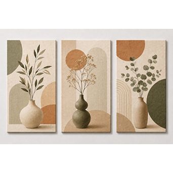 X-Large Set of 3 Modern Neutral Ceramic Vase Wall Art Minimalist Canvas Living Room Decor 24x36 Inch