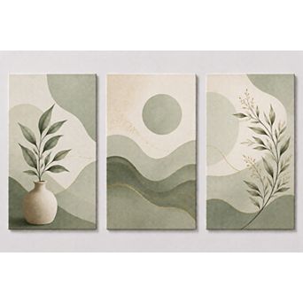 X-Large Set of 3 Minimalist Sage Green Wall Art Boho Botanical Canvas Bathroom Decor 24x36 Inch