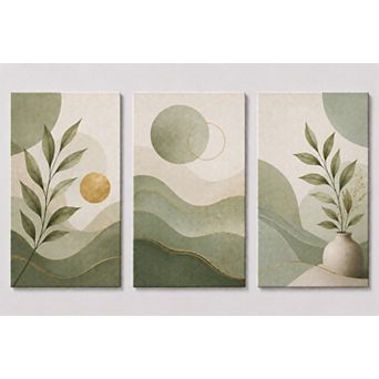 X-Large Set of 3 Sage Green Botanical Wall Art Abstract Nature Canvas Living Room Decor 24x36 Inch