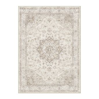 HomeRoots Ivory And Brown Floral Medallion Washable Runner Rug
