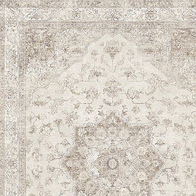 HomeRoots Ivory And Brown Floral Medallion Washable Runner Rug