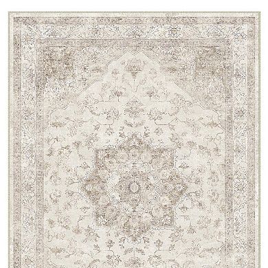 HomeRoots Ivory And Brown Floral Medallion Washable Runner Rug