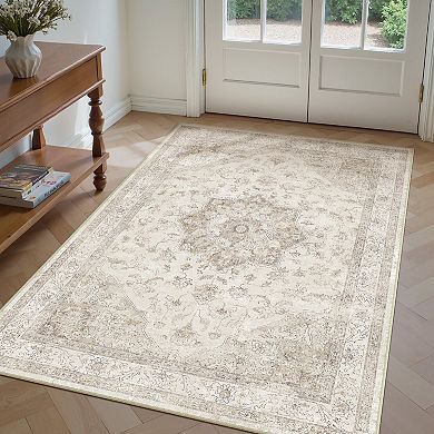 HomeRoots Ivory And Brown Floral Medallion Washable Runner Rug