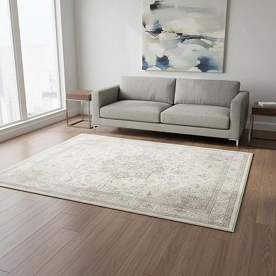 HomeRoots Ivory And Brown Floral Medallion Washable Runner Rug