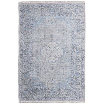 HomeRoots Gray Blue and Ivory Oriental Hand Woven Distressed Area Rug With Fringe