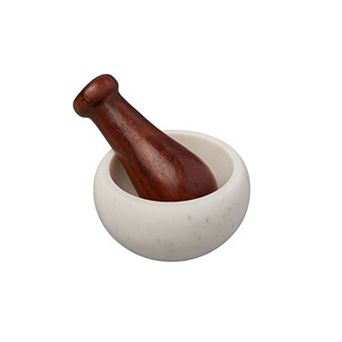 White Marble & Wood Mortar & Pestle