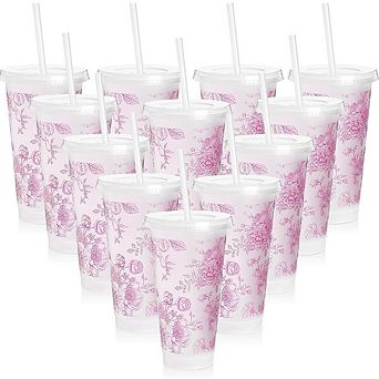 Floral 24oz Reusable Plastic Cups with Lid & Straw, Travel Tumbler Party Set