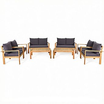 Costway 8 pc Patio Furniture Set Acacia Wood Thick Cushion Loveseat Sofa Garden