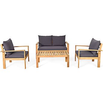Costway 4 pc Patio Furniture Set Acacia Wood Thick Cushion Loveseat Sofa Garden