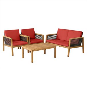 Costway 4 pc Patio Rattan Furniture Set Acacia Wood Cushioned Sofa