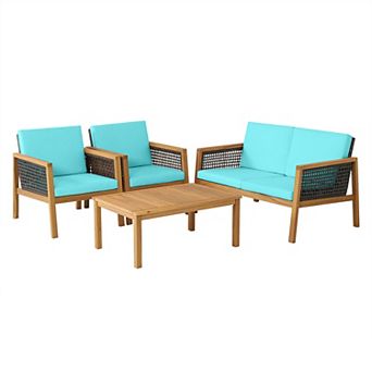 Costway 4 pc Patio Rattan Furniture Set Acacia Wood Cushioned Sofa