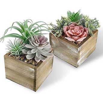 Artificial Succulent Cactus Plants in Wood Pots, Faux Farmhouse Bathroom Decor